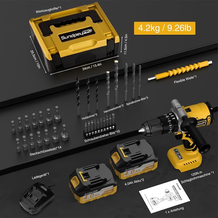 Акумуляторний дриль-шурупокрут SundpeyPRO 21V з ударною функцією, 120 Nm, 2 x 4000mAh, 20+3 ступені крутного моменту, 13 мм патрон, 2 швидкості, LED