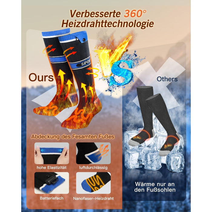Гріючі шкарпетки 2026 Upgraded з акумулятором 5000mAh*2, 3 режими нагріву, 360° обігрів, для жінок та чоловіків, для катання на лижах, полювання, походів, миючіся, універсальний розмір, блакитні