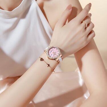 Годинник жіночий OLEVS з діамантами, елегантний, розкішний, на рожевому ремінці з керамічним склом (3651 Roségold)