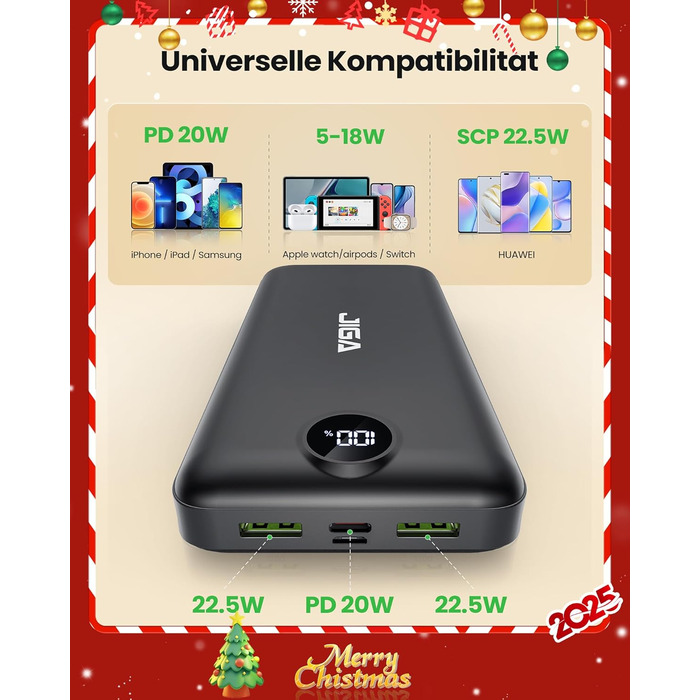 Power Bank 27000mAh з швидкою зарядкою 22.5W та PD20W, USB-C, для iPhone, Huawei, Samsung