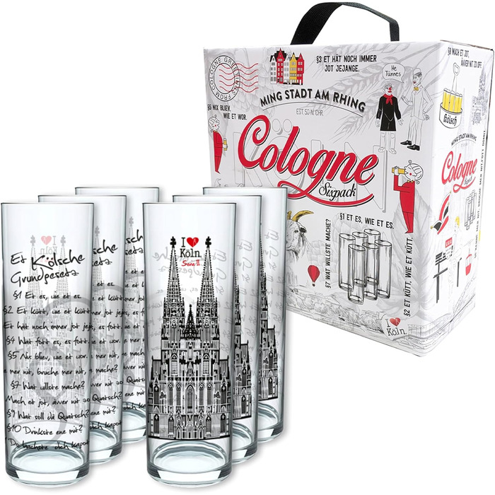 3forCologne Kölsch Glasses, 6-Pack, assorted colors, 0.2ml, Cologne Sticks with Basic Law, Beer Glasses, Drinking Glasses with Print. (MADE IN GERMANY), Size: 300 EU
