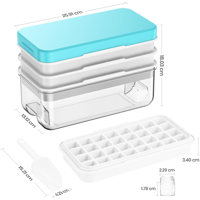 Ice cube mold, ice cube container, 96 ice cubes, ice cube mold with lid, with 3 trays, easy push to release ice, leak-proof, cooling for cocktails, whisky, coffee, blue