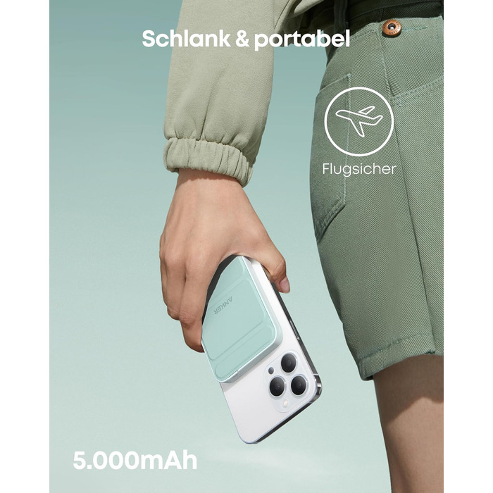 Магнітний бездротовий зовнішній акумулятор Anker 622 MagGo Power Bank 5000mAh з USB-C та складаним дизайном для iPhone 12/13/14/15/16/17, Jade Green