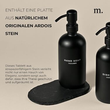 MaisoNovo Soap Dispenser Set - Soap Dispenser Kitchen - 500 ml Amber Bottles, Black Pumps, Glass Pump Dispenser, Soap Dispenser Set, 2-Piece Set and Concrete Tray - Dish Soap Dispenser Kitchen (Black Glass / Black Pump + Slate Tray)