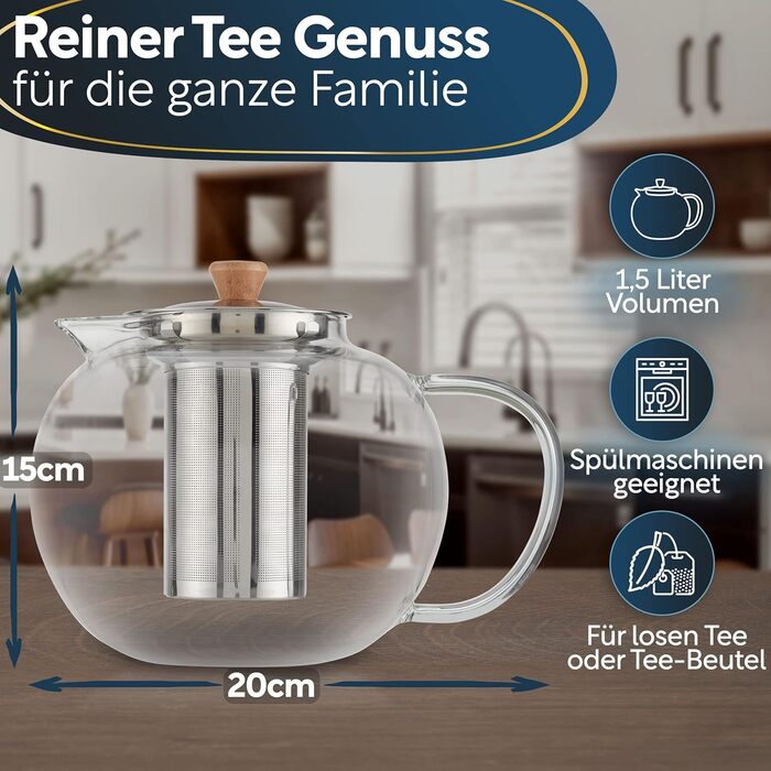 Teapot with infuser insert I 1.5 Liters I reinforced glass thickness for better insulation I usable with trivet I glass teapot I thermal tea maker I robust teapot I tea maker