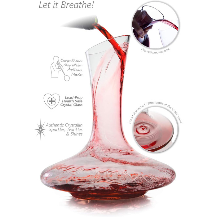 Decanter & Accessories (Cleaning Pearls, Cork Stopper, Trivets & Coasters) - 100% Handmade in Europe Lead-Free Crystal Glass Wine Decanter for Red Wine - Unique Gift Idea