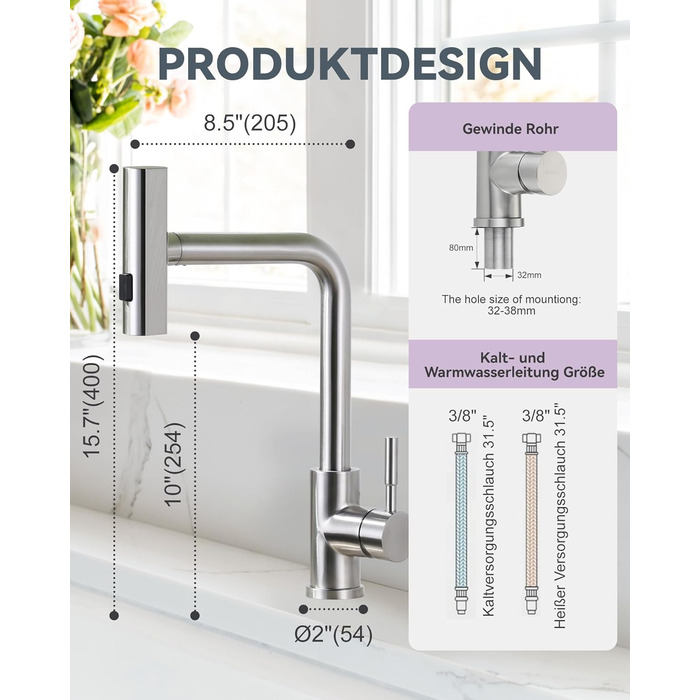 Кухонний змішувач iVIGA висувний з дозатором, водоспад, 360° поворот, 3 режими, щіткова нікель, T-подібний