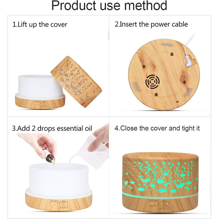 Аромадифузор Hianjoo 700мл з таймером, ультразвуковий, LED, 7 кольорів, для офісу, йоги, спа, спальні - світле дерево