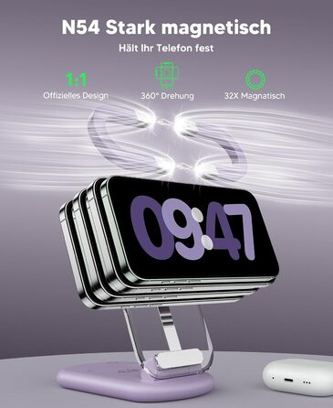 Зарядний пристрій MagSafe 3-в-1 для Apple Watch та iPhone: фіолетовий колір. Підходить для iPhone 17, 16, 15, 14, 13, 12 Pro Max/Air/Plus/Pro та Apple Watch 10/9, Airpods 3/2/Pro