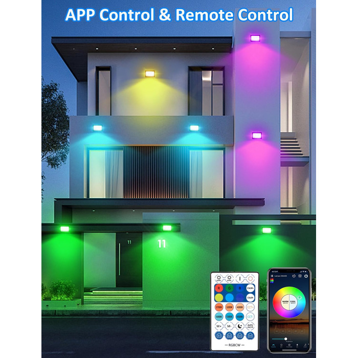 LED Floodlights Outdoor, 100W Smart RGB Floodlights with Remote Control and Bluetooth App, LED Floodlight Spotlights Color Changing Floodlights, IP66 Waterproof Floodlights for Gardens, Courtyards (2 Pack) (30w-rgb-app-4p)