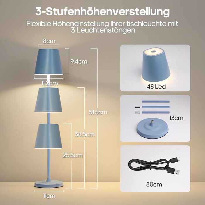 Світлодіодна настільна лампа 3-в-1 бездротова з акумулятором 5500mAh, регульована висота, димування, 3 кольори світла - USB лампа настільна металева водонепроникна сенсорна для дому та вулиці, комплект 2 шт. (Синій, 38.5x11.2x11.2 см)