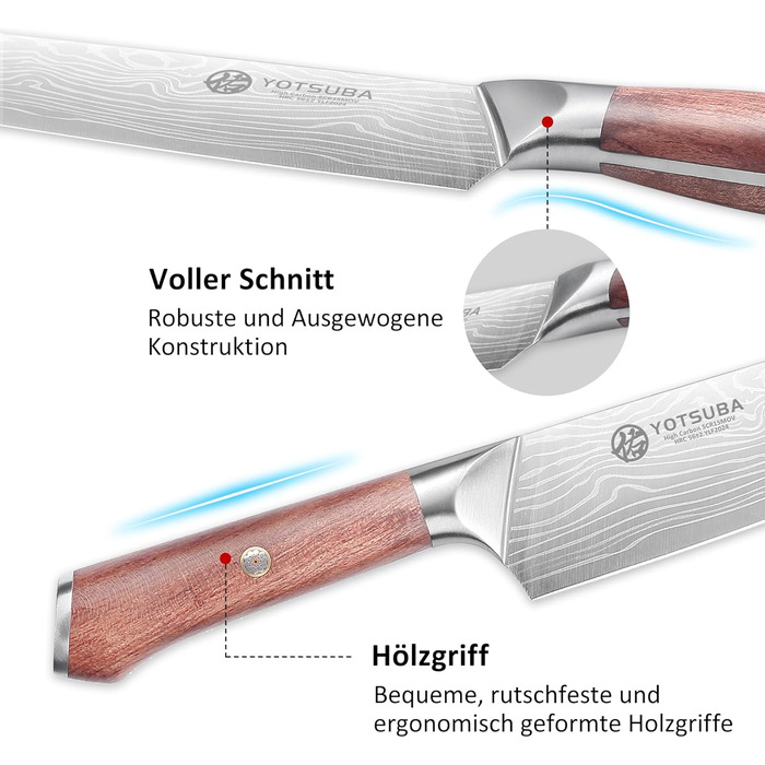 Японський кухонний ніж YOTSUBA 22 см, професійний шеф-ніж з нержавіючої сталі з вуглецевої сталі, ергономічна ручка з паккавуда