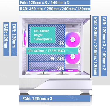 Ігровий корпус для ПК ANSAITE ATX Mid-Tower, 6 ARGB PWM вентиляторів, панорамне загартоване скло, USB Type-C, підтримка радіатора 360мм, Чорний