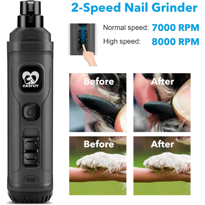 Електричний точило для собак та котів Casfuy з LED-підсвіткою, 2 швидкості, тихе, потужне, сірий колір
