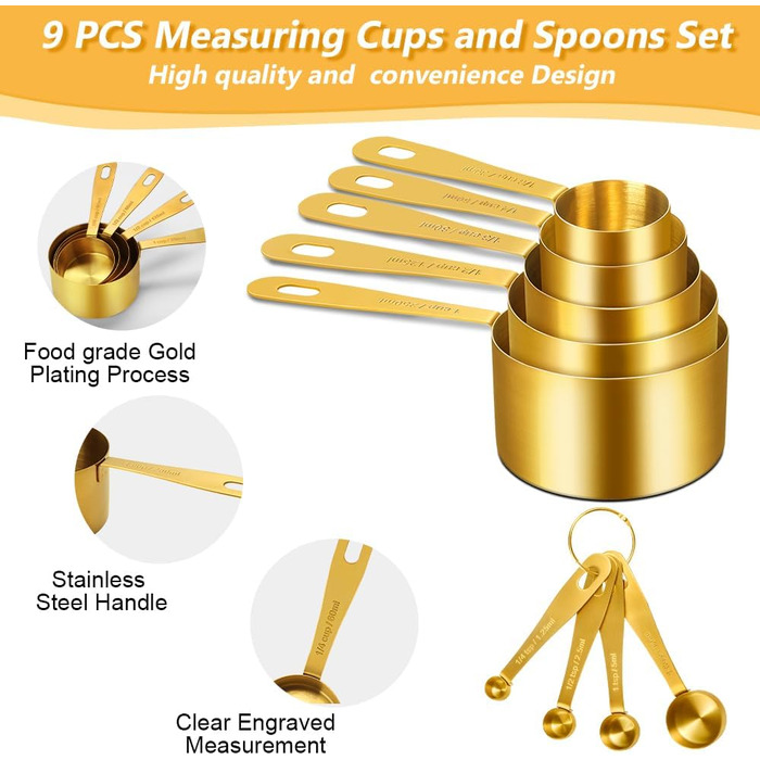 Набір мірних стаканів та ложок Cuteefun Gold, 13 предметів, нержавіюча сталь: мірний стакан 5 чашок, 8 магнітних ложок з рівнем для вимірювання сухих та рідких інгредієнтів для випічки та приготування їжі