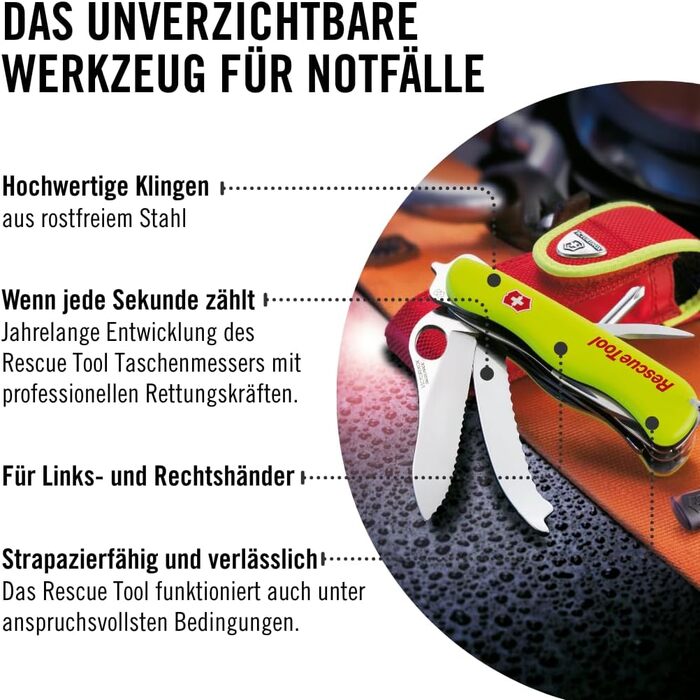 Мультитул Victorinox Rescue Tool MW - рятувальний ніж для пожежників, 13 функцій, лезо з хвилястим лезом, фіксація однією рукою (жовтий)