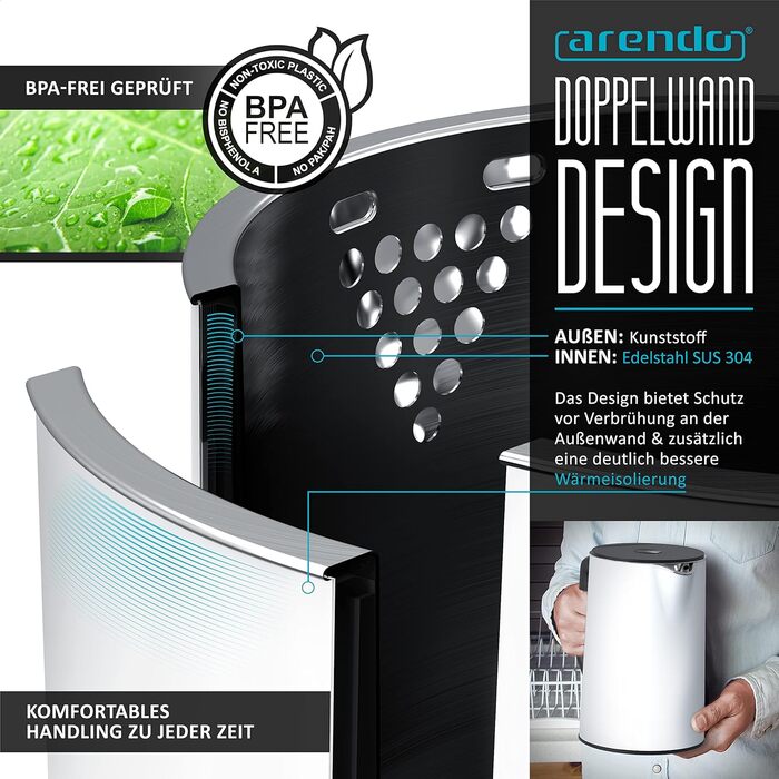 Набір чайник та тостер Arendo Edelstahl Schwarz, Чайник 1.5л з регулюванням температури, Тостер на 2 тости з LED-дисплеєм