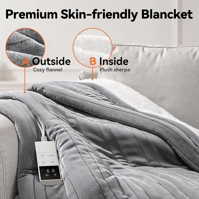 Електрична ковдра з підігрівом, 9 зон, таймер 1-9 годин, функція пам'яті, швидкий нагрів, фланель/шкіряна підкладка, 160x120 см, для 1 особи/дивану