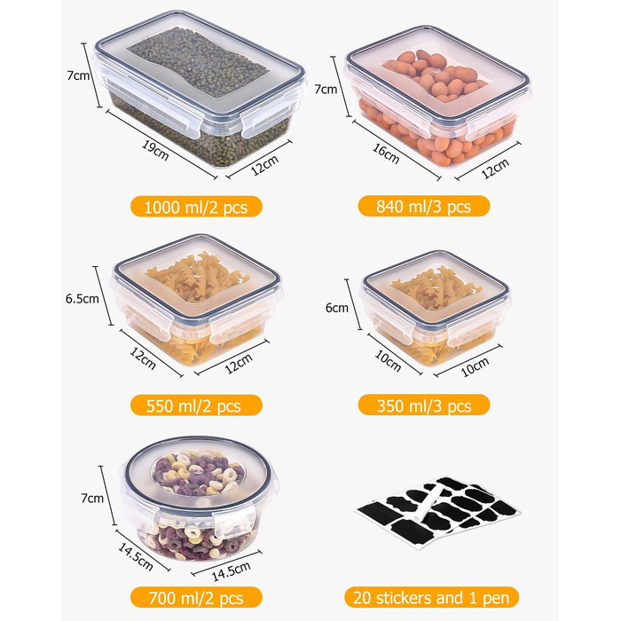 Набір контейнерів для зберігання продуктів 24 шт. з кришкою, герметичні, для кухні, 1L/0.84L/0.7L/0.55L/0.35L