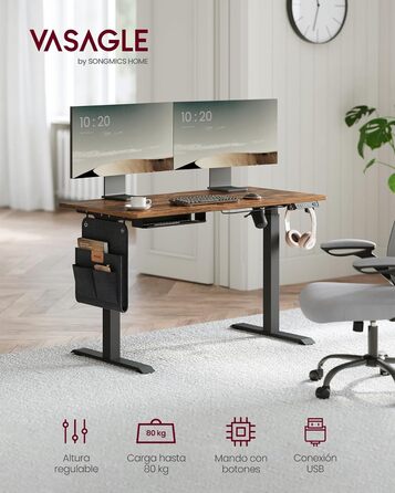 VASAGLE Electric Height Adjustable Desk - Vintage Brown, 60 x 120 x (72-120) cm, Memory Function, Wood & Steel Frame