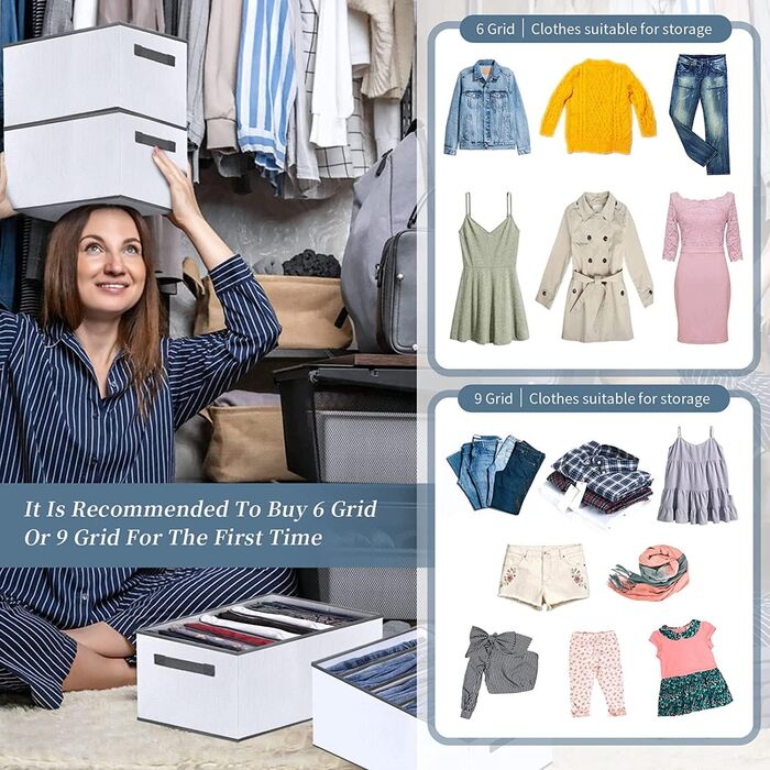 6-Piece Closet Organizer Boxes Organization System Pants Closet Foldable Stackable Drawer Inserts for Closets Jeans Shirts Clothing, 36 x 24 x 20 cm | 7 compartments | Grey