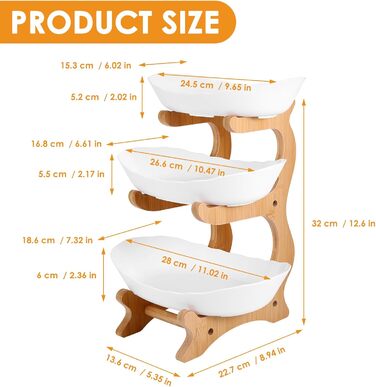 DEECOZY Трирівнева підставка для фруктів та овочів з бамбуком, біла. Організатор для зберігання фруктів, овочів та закусок