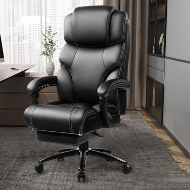 KCREAM Ergonomic Leather Office Chair with Footrest - High Back Executive Desk Chair, Adjustable Armrests, Swivel, Height Adjustable (Black)