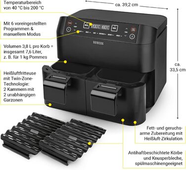 Фритюрниця-конвекційна піч Heißluftfritteuse Midnight Edition 7.6 л, 1800 Вт, 7 програм, чорний | Без олії, цифровий дисплей