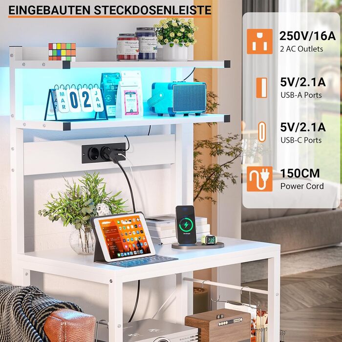 Кухонна полиця-органайзер з розеткою, стійка для мікрохвильовки, 5-ярусна кавобар з LED-підсвічуванням, полиця для спецій, каструль та сковорідок (60см, білий)