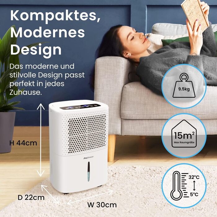 Pro Breeze Dehumidifier 12L in 24h Dehumidification Performance - Room Size approx. 120m³ (~20 m²) - with 3 Operating Modes, Digital Display, Drain Hose, Timer - Against Humidity, Mould White