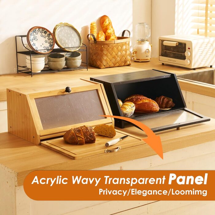 YOUDENOVA Хлібниця з дощечкою для нарізання, дерев'яна хлібниця, коробка для зберігання, бамбукова скринька для хліба, солі та перечниці, 39x25x20 (ДxШxВ) см, Чорний