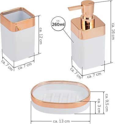 Набір для ванної кімнати Bremermann Savona 3-TLG, пластик, білий-рожезолотий: мильниця, дозатор мила, стакан