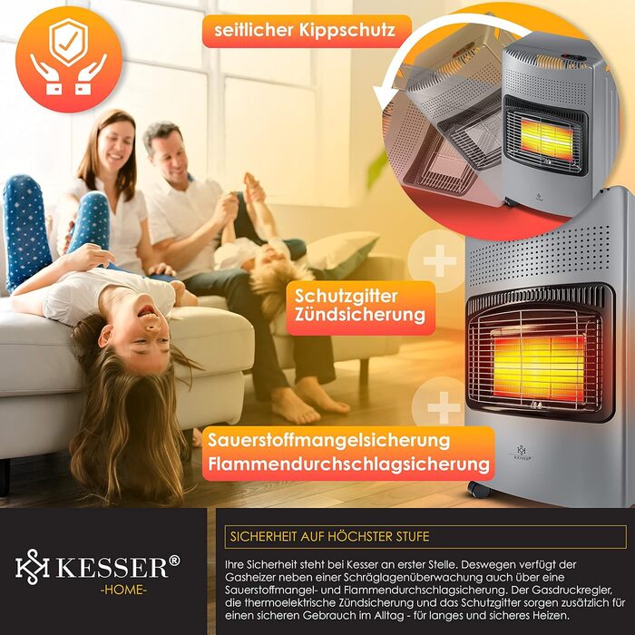 Газовий обігрівач KESSER® 4200W з керамічним пальником, регулятором тиску газу, шлангом та захисним чохлом. Підходить для балонів бутан/пропан до 15 кг.