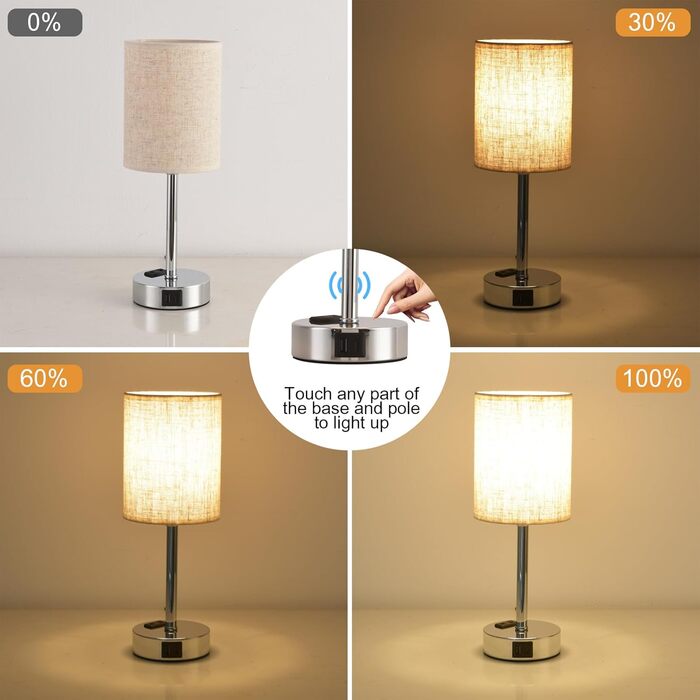 LED-лампа на тумбочку з сенсорним керуванням, диммуванням, USB-портом A+C, тканинним абажуром, металевою основою, для спальні, офісу, вітальні (з лампочкою) (Бежевий)