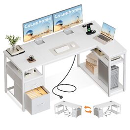 Ігровий кутовий стіл Coleshome з 2 шухлядами, 140×80 см, білий — комп'ютерний стіл для геймерів