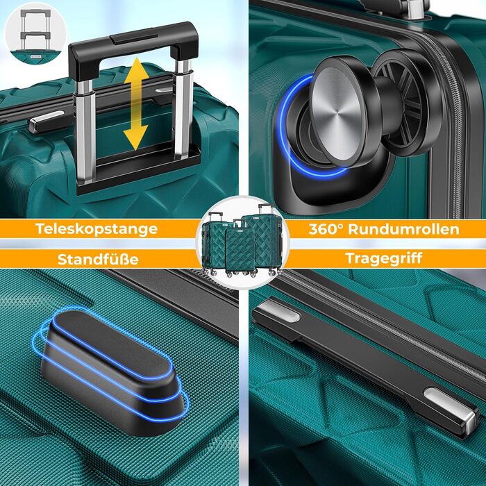 Набір валіз KESSER® 3 шт. | ABS валізи з кодовим замком, ваговою системою та органайзером, 360° обертання | Ручна та велика валіза для подорожей та бізнесу Petrol Teal