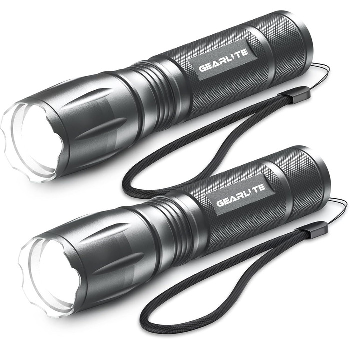 LED ліхтарик Gearlite 2 шт., 2000 люмен, 5 режимів, водонепроникний IP65, для кемпінгу, туризму, дітей, невідкладних ситуацій (сірий)