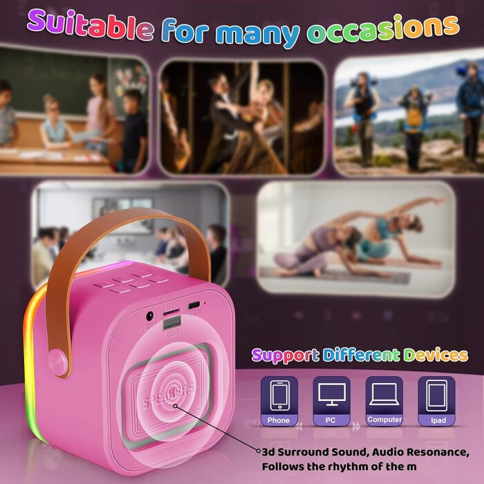 Караоке машина Spinosaurus для дітей з 2 мікрофонами, Bluetooth, LED-підсвічування, портативна колонка (рожева)