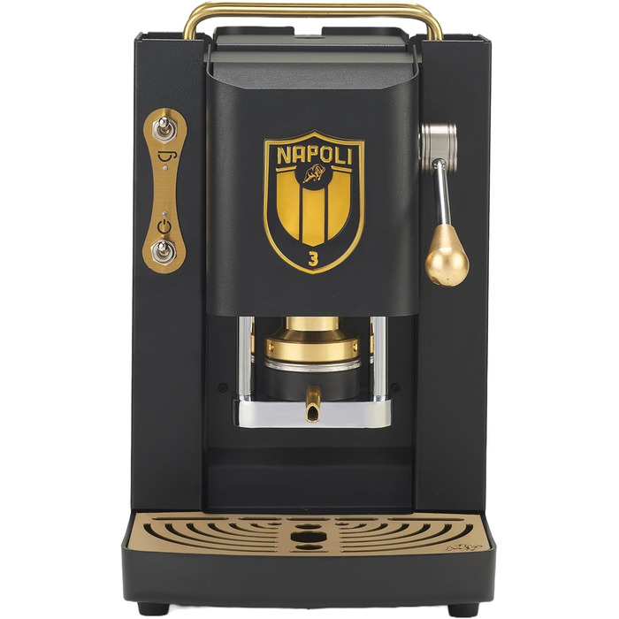 Кавоварка FABER Pro Deluxe Scudetto для ESE-подів 44 мм, матова чорна з латунню, прес для подів, чорний логотип Napoli Campione