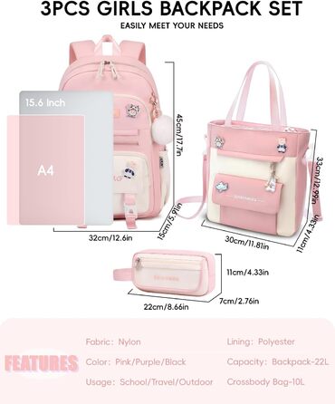 Рюкзак Tanou для дівчаток, шкільний набір: рюкзак, сумка через плече та пенал, casual рюкзак для школи, рожевий