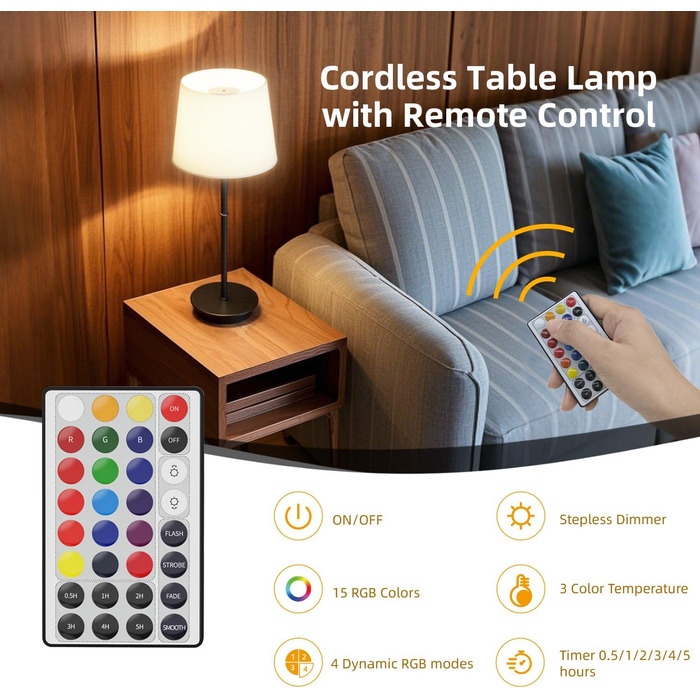 Бездротова LED-лампа на приліжкові з акумулятором 5000mAh, сенсорне керування, RGB, з пультом ДУ, регулювання яскравості, магнітне кріплення, чорна