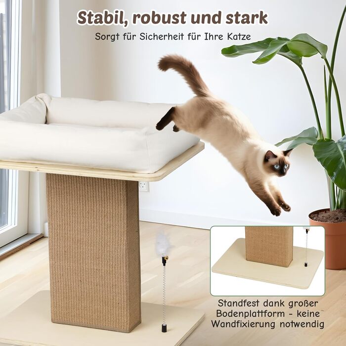 Котячий будиночок з дряпалкою Luxus: широка колона з берези, міцний, до 25 кг, сизаль, велике ліжко з подушкою з органічної льону, легко збирається, бежевий колір