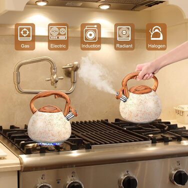 Чайник для плити GGC, 3.1 л / 3 л, з свистком, для води, кави, молока, градієнт сірого та чорного кольорів, з дерев'яною ручкою, з нержавіючої сталі, для дому (White Art Line)