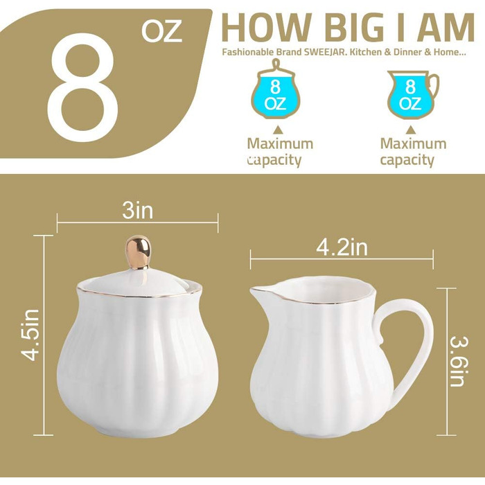 Sweejar Home Royal Ceramic Sugar and Creamer Set, 3-Piece Set with Cream Pitcher, Sugar Bowl, Sugar Set with Lid and Spoon, Coffee Service, Wedding Gift (White, New)