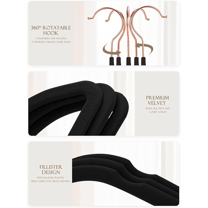 HOUSE DAY 50 Piece Velvet Clothes Hangers Black, Pant Hangers Space-Saving, Suit Hangers, Thin Non-Slip Clothes Hangers, 360° Swivel Hook, Velvet Hangers for Clothes, Tank Tops, Heavy Clothes - Black