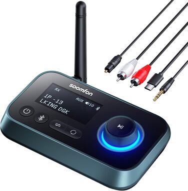 SOOMFON Bluetooth 5.0 Передавач-Приймач: Підключення 2 навушників до TV, PC, Stereo. Низька затримка, регулювання гучності, Aux/RCA/Оптичний