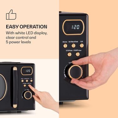 Мікрохвильова піч Klarstein з грилем, 800 Вт, 20 л, нержавіюча сталь, чорний колір, з функціями розморожування та приготування піци, з обертовим столом, компактна, проста у використанні