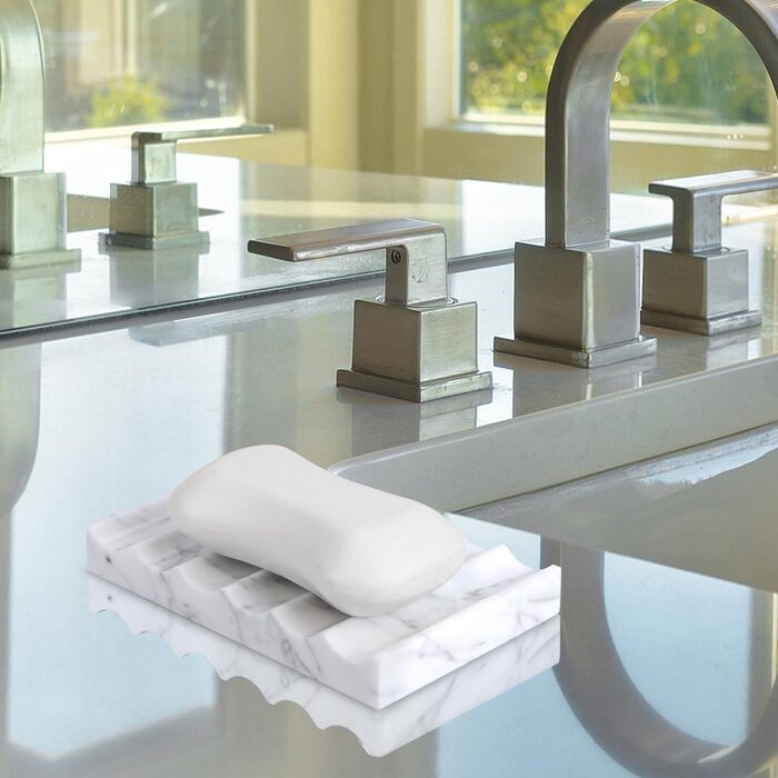 Склянка для мила з мармуру з отвором Carrara: прямокутна, хвиляста, самостійно спорожняється, для ванної кімнати та кухні