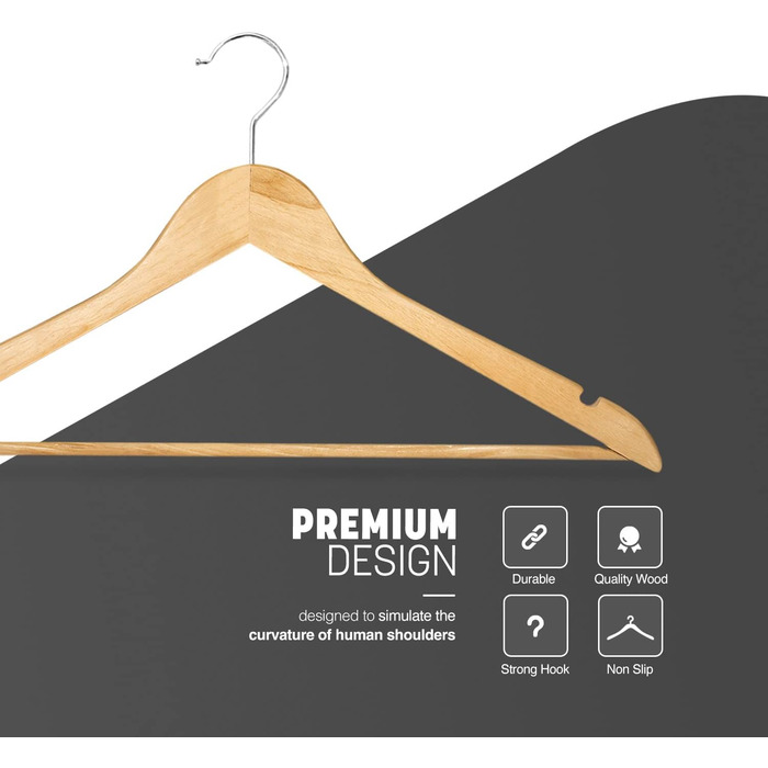 Плечики для одягу KEPLIN Starker з натурального дерева (30 шт.) з обертовим гаком 360° та перекладиною для штанів, з вирізами для плечей - довговічні, економні, підходять для пальто, жакета, костюма