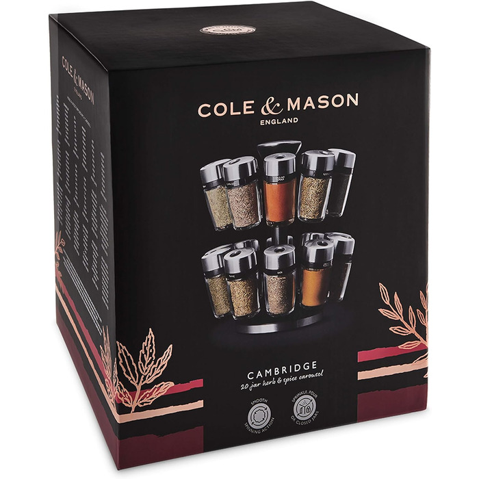 Набір для спецій Cole & Mason Cambridge: 20 банок, обертовий стійкий органайзер, нержавіюча сталь і скло, зі спеціями та травами